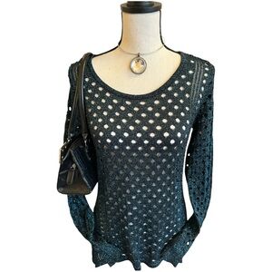 Rock & Republic Sheer Open-Knit Sweater in Black with Teal Shimmer | Medium